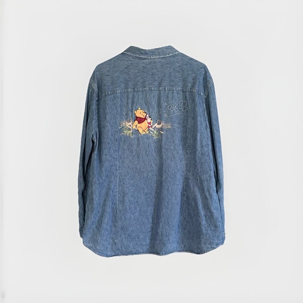 VTG 90s DISNEY STORE Piglet Pooh Misty Cove Embroidery Button-Up Denim Shirt XL